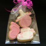 Gift Wrapped Baby Shower or Christening Cookies
Pink or Blue Baby Foot, Bootee & Dummy